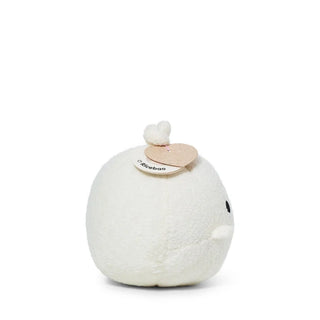 Side view of a White plush toy with a small tag on a white background