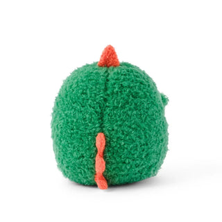 Back view of a Green plush toy with orange accents on a white background