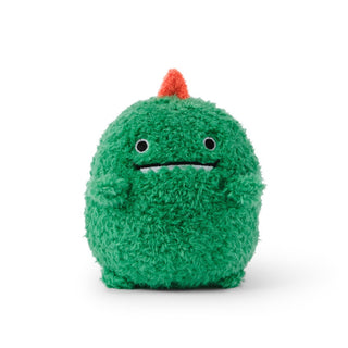 Green plush toy with a small orange horn on a white background