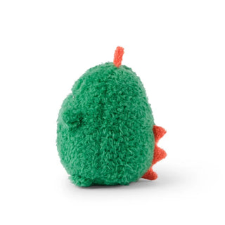 Side view of a Green plush toy with orange accents on a white background