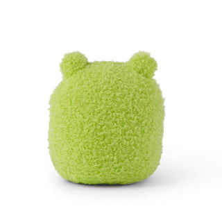 Green plush toy with bear ears on a white background