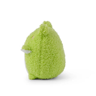 Side view of a Green plush toy on a white background