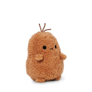 Angled view of a Brown plush toy resembling a potato on a white background