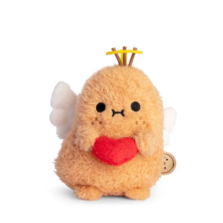 Plush potato toy cupid with a heart, wings, and a halo on a white background