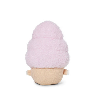 Back view of a plush toy with pink fuzzy top and beige bottom on a white background