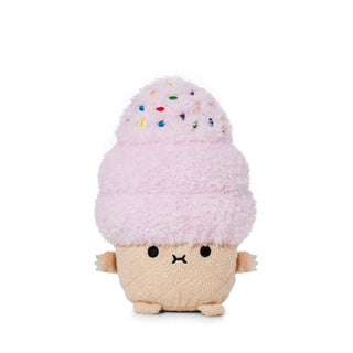Plush toy resembling a strawberry ice cream cone with rainbow sprinkles on a white background