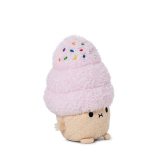 Side view of a Plush toy resembling a strawberry ice cream cone with rainbow sprinkles on a white background