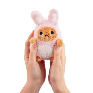 Hands holding a Potato plush toy dressed as a pink bunny against a white background