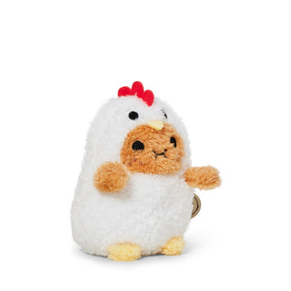 Plush toy chicken with a red comb on a white background