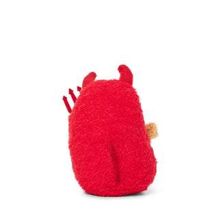 Red plush toy with small horns on a white background