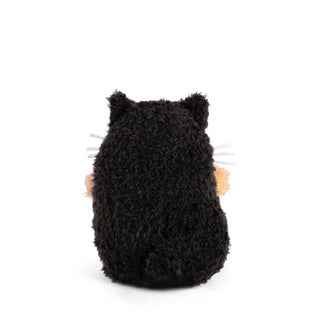 Back view of a Black plush toy cat on a white background