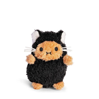 Plush toy shapes like a black cat with white ears and whiskers against a white background