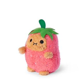Plush toy resembling a strawberry with a cute face on a white background