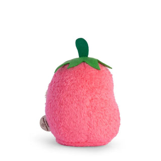 Plush toy shaped like a pink strawberry with a green stem on a white background