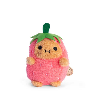 Plush toy in the shape of a pink strawberry with green leaf on a white background