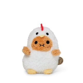 Potato plushy toy dressed as a white chicken with red mane against a white background