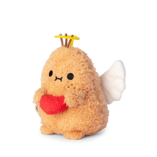 Plush toy resembling a cartoon character with a red heart, yellow halo, and white wings on a white background.