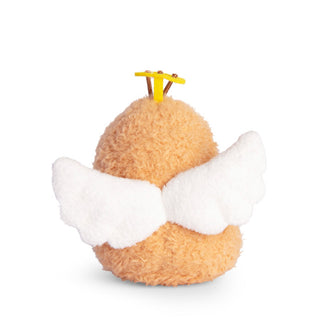 Plush toy resembling a potato with white wings and yellow halo on a white background
