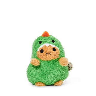 Plush potato toy dressed as a green dinosaur with orange spikes