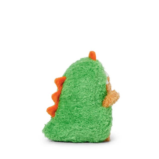 Side view of a green dinosaur plush toy with orange spikes against a white background