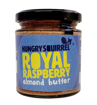 Jar of Hungry Squirrel Royal Raspberry Almond Butter with blue label