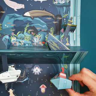 3d constructed boats and submarines against the deep blue seascape
