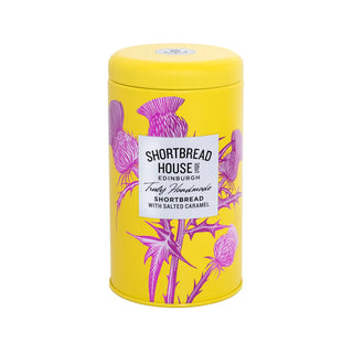 Yellow tin with purple thistle design and 'Shortbread House Edinburgh' label on a white background