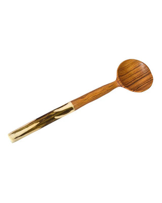 Wooden spoon with olive green handle on a white background