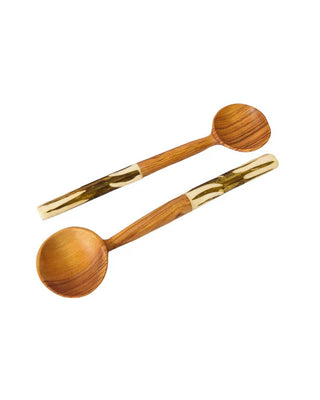 Two wooden spoons with olive green handles on a white background