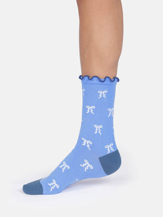 Womens Pretty Ribbon Frill Crew Socks Cornflower Blue