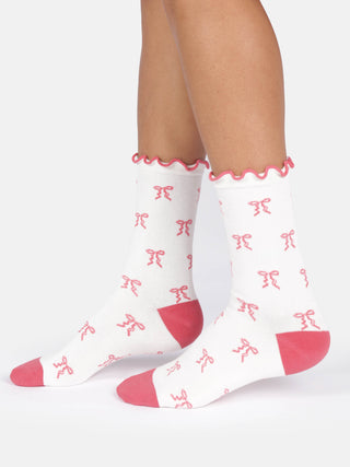 Womens Pretty Ribbon Frill Crew Socks Stone White
