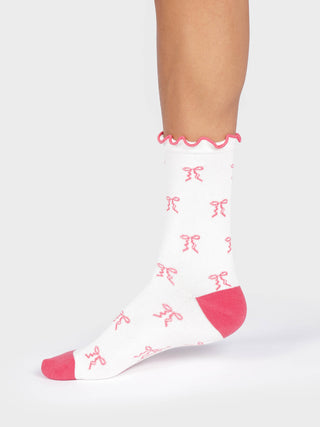Womens Pretty Ribbon Frill Crew Socks Stone White