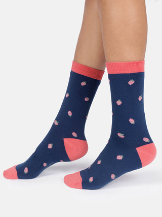 Womens Strawberry Crew Socks Ink Blue