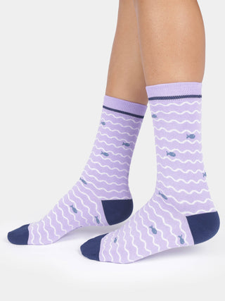 Womens Wavy Fish Stripe Crew Socks Lavender