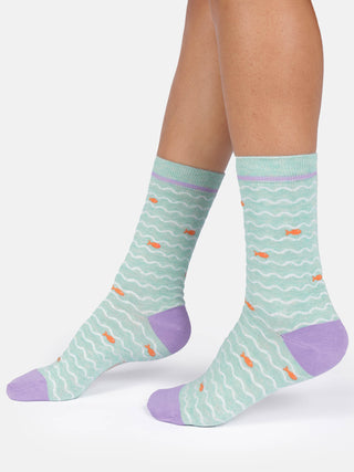 Womens Wavy Fish Stripe Crew Socks Mint Green Marl
