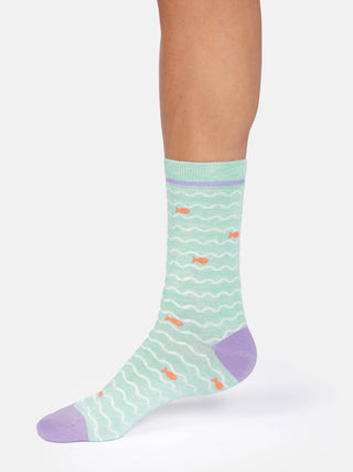 Womens Wavy Fish Stripe Crew Socks Mint Green Marl