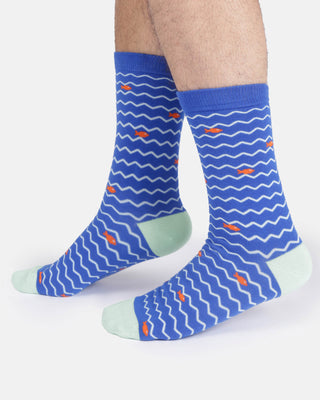 Mens Wavy Sea Stripe Crew Socks Cobalt Blue
