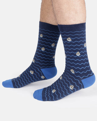 Mens Wavy Sea Stripe Crew Socks Midnight Blue