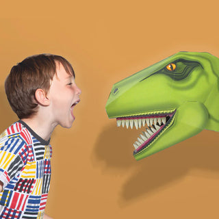 3d Green Terrible t-rex head with a small child shouting at it