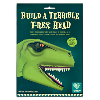 Packaging for Build Your Own Terrible Trex head, dark backgound with off white text ad a green t-rex motif