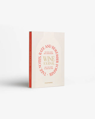 Wine journal with red and gold text on a white background