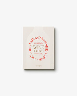 Off white Wine journal with red text on a white background