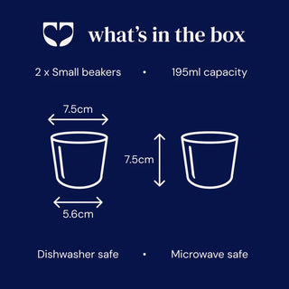 Product packaging with dimensions and safety information for small beakers on a blue background