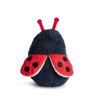 Plush ladybug toy with red body and black spots on a white background