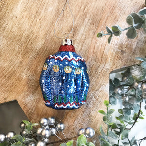 Blue Christmas Jumper Glass Tree Decoration