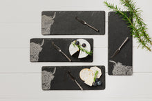 Load image into Gallery viewer, 4 Slate Highland Cow Mini Cheese Board &amp; Knife Set